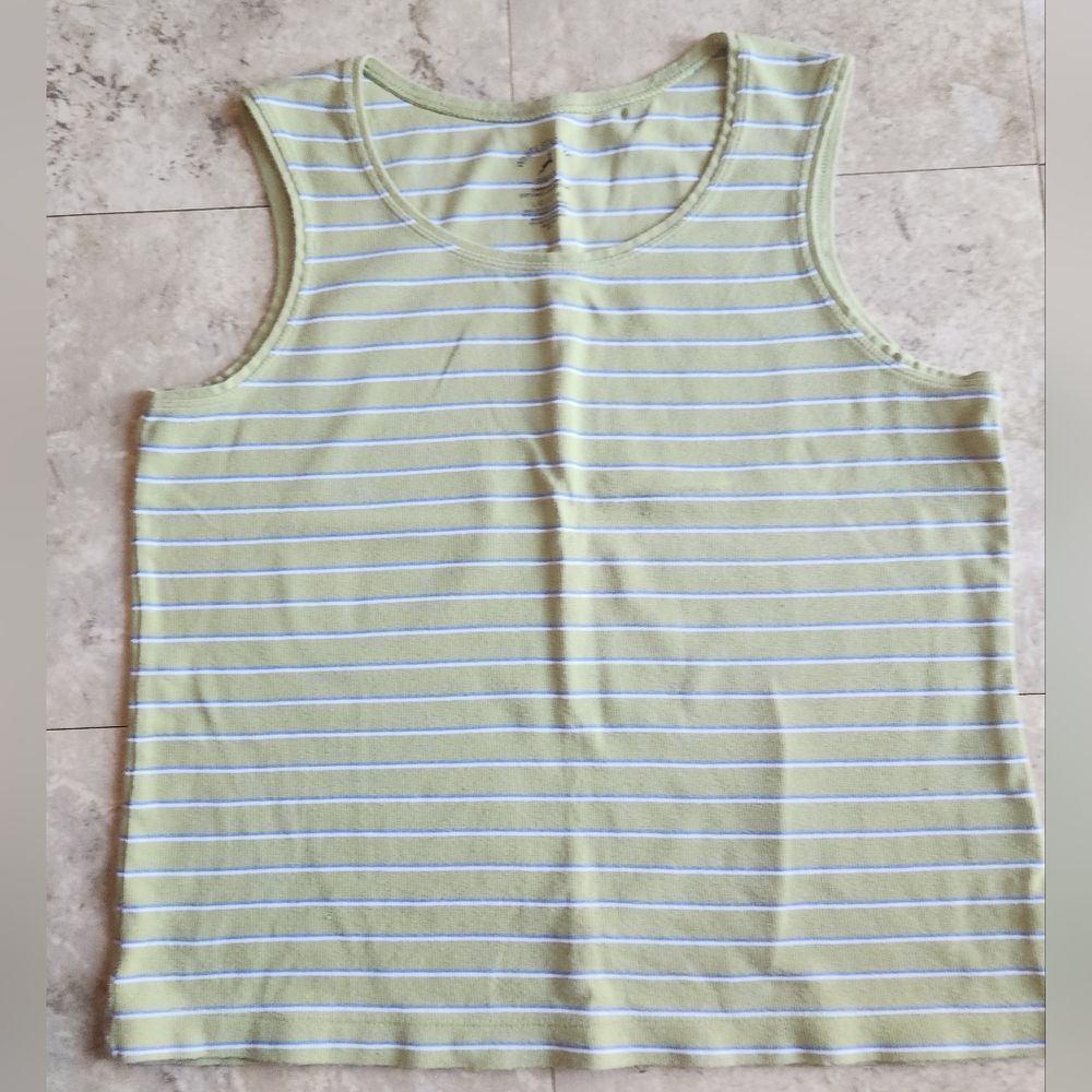 E70 White Stag Tee stretch green blue stripe Lrg tank top shrink fade resistant